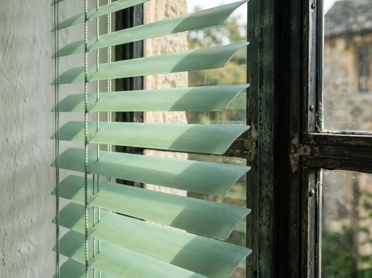 Close-up detail of blind fabric texture and hardware, salt white and sea-glass green tones