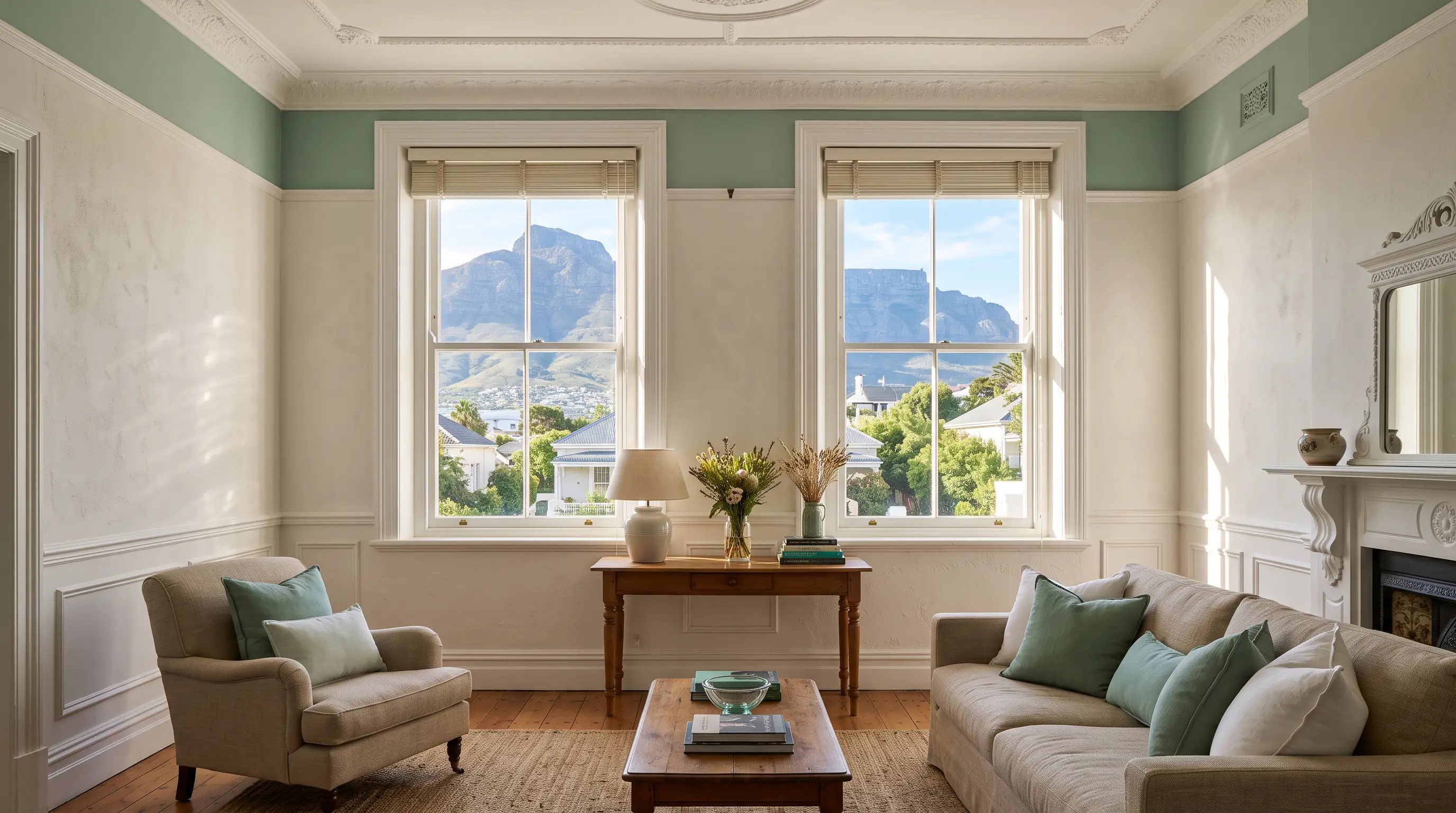 Full-bleed motorised roller blinds in a bright Oranjezicht living room with Table Mountain-facing windows, city bowl heritage home