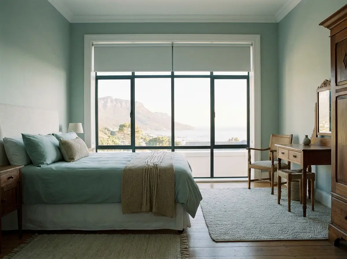 Sea-glass green roller blinds in a Cape Dutch-style Oranjezicht bedroom with natural light